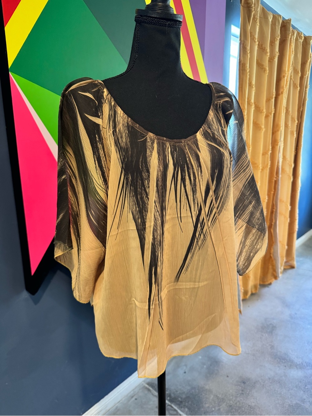 Vintage Y2K Apostrophe Sheer Feather Print Batwing Top